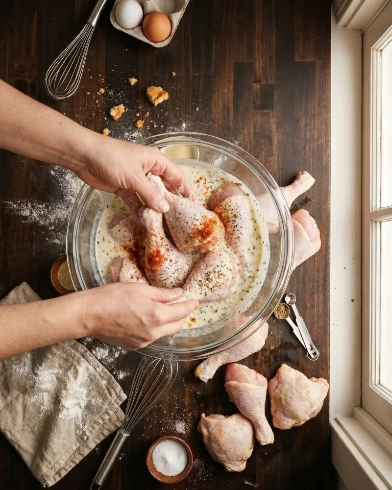 Chicken marinating in buttermilk for homemade Kentucky fried chicken recipe