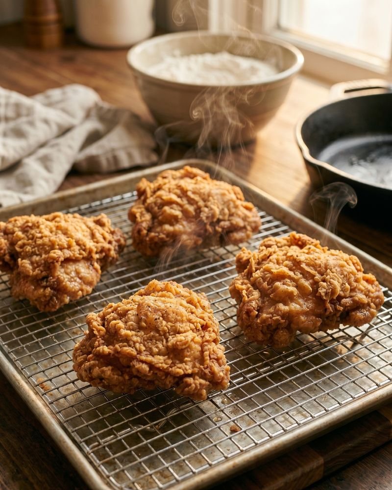Freshly fried Kentucky chicken resting on wire rack to stay crispy