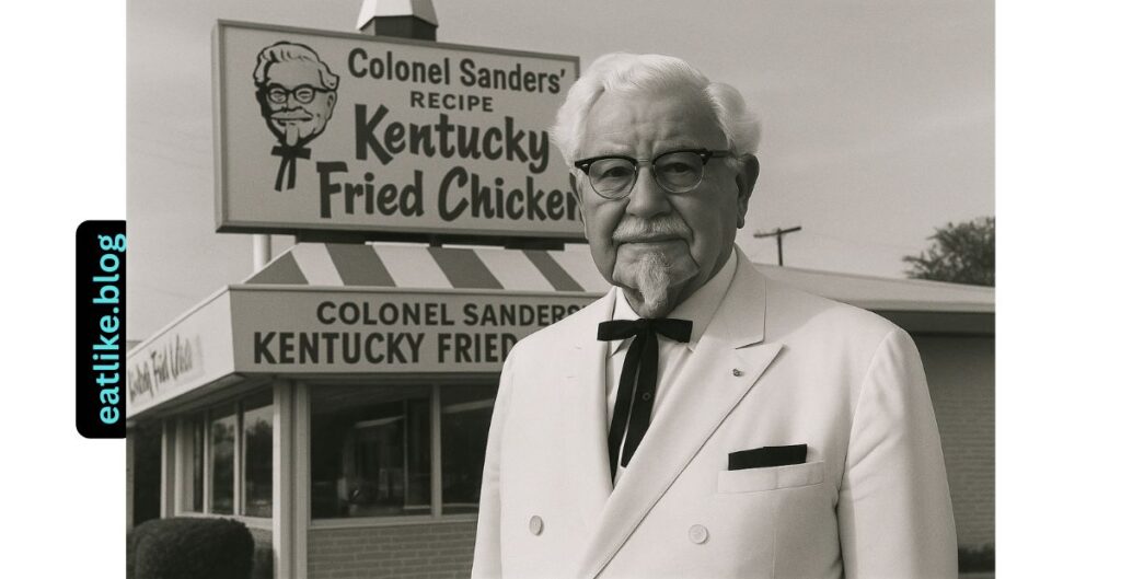 "Colonel Harland Sanders standing outside early Kentucky Fried Chicken restaurant"

