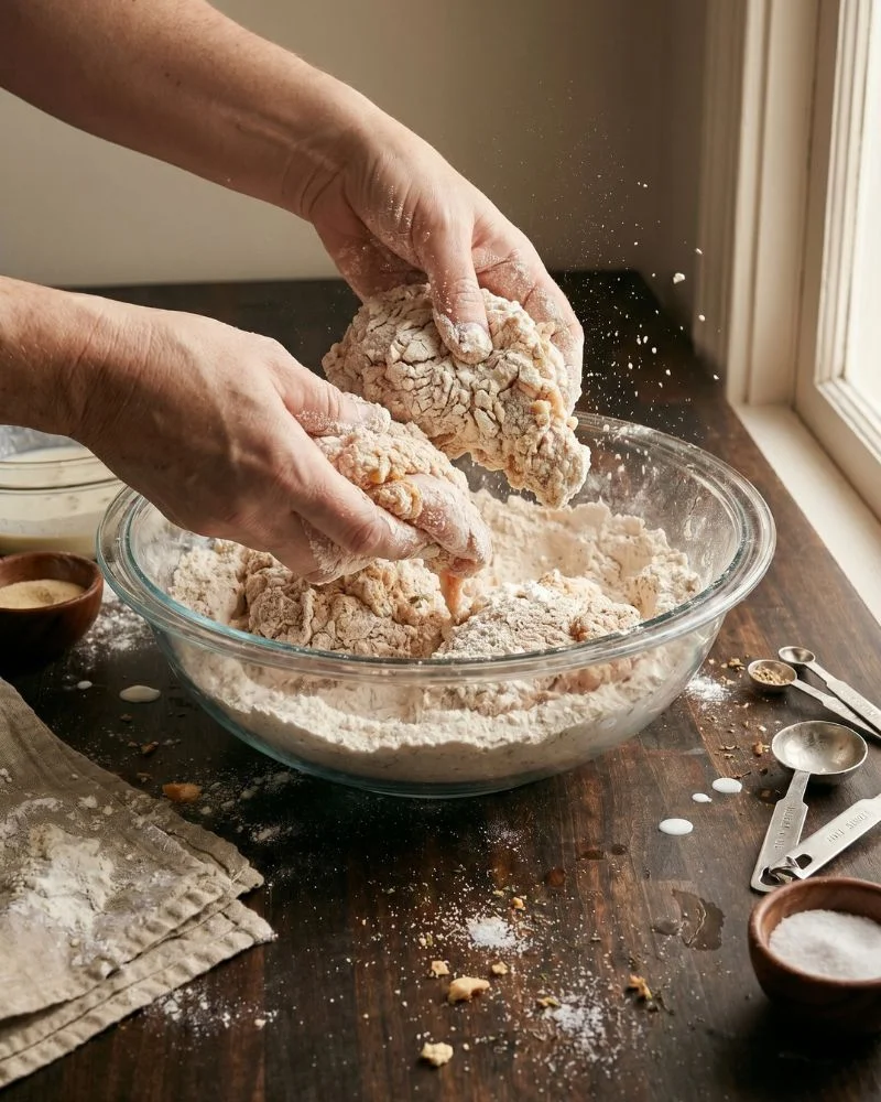 Double dredging chicken in seasoned flour for extra crispy fried chicken coating