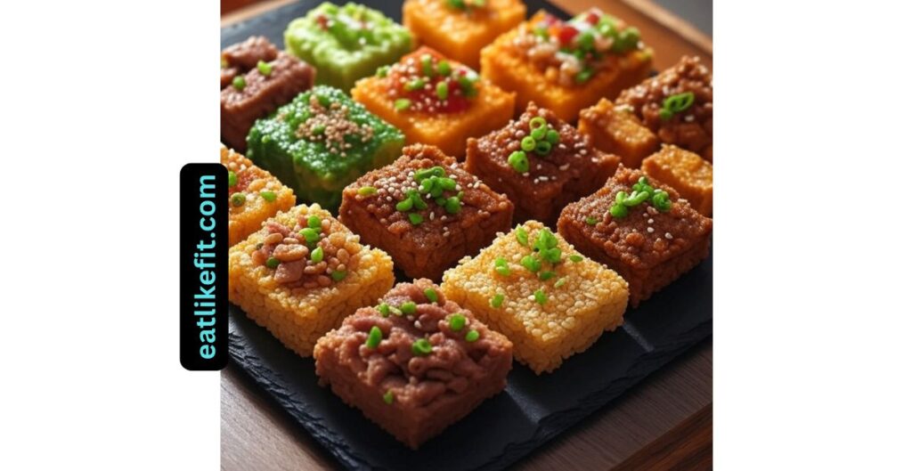 Four variations of crispy rice toppings styled on a restaurant plate