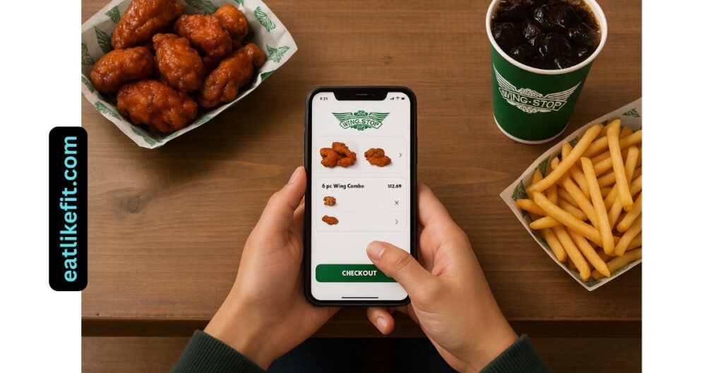 User ordering free wings on Wingstop app with meal on table during Chicken Wing Day promotion.