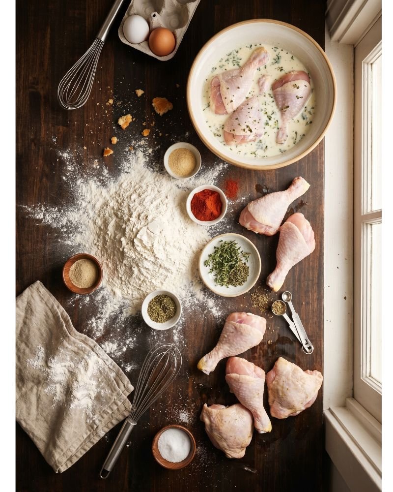 Ingredients for Kentucky fried chicken recipe including buttermilk marinade and crispy seasoning blend