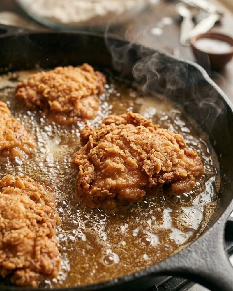 Kentucky fried chicken frying in hot oil until golden and crispy