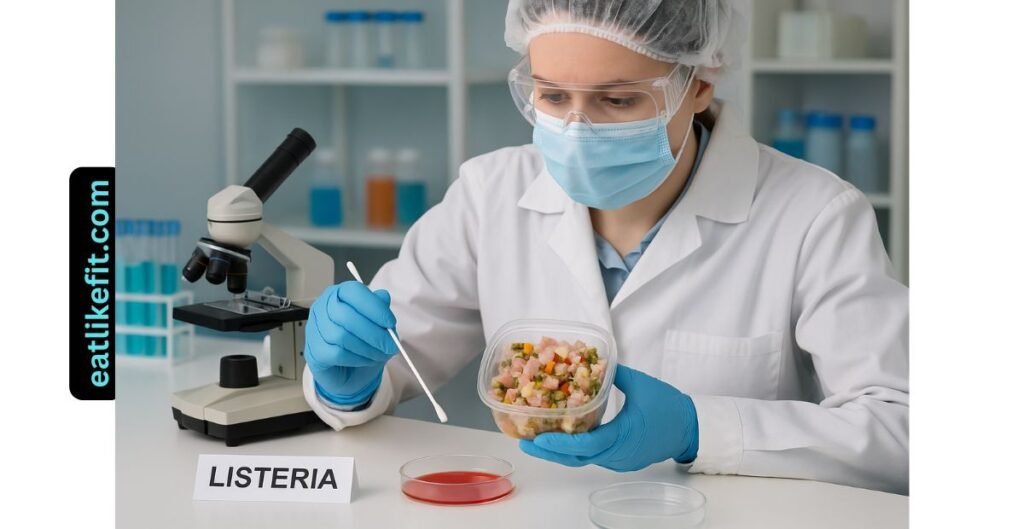 Lab technician testing ham salad for Listeria contamination in food safety lab