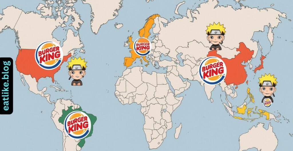 "Map showing global locations where Burger King’s Naruto collaboration is available"

