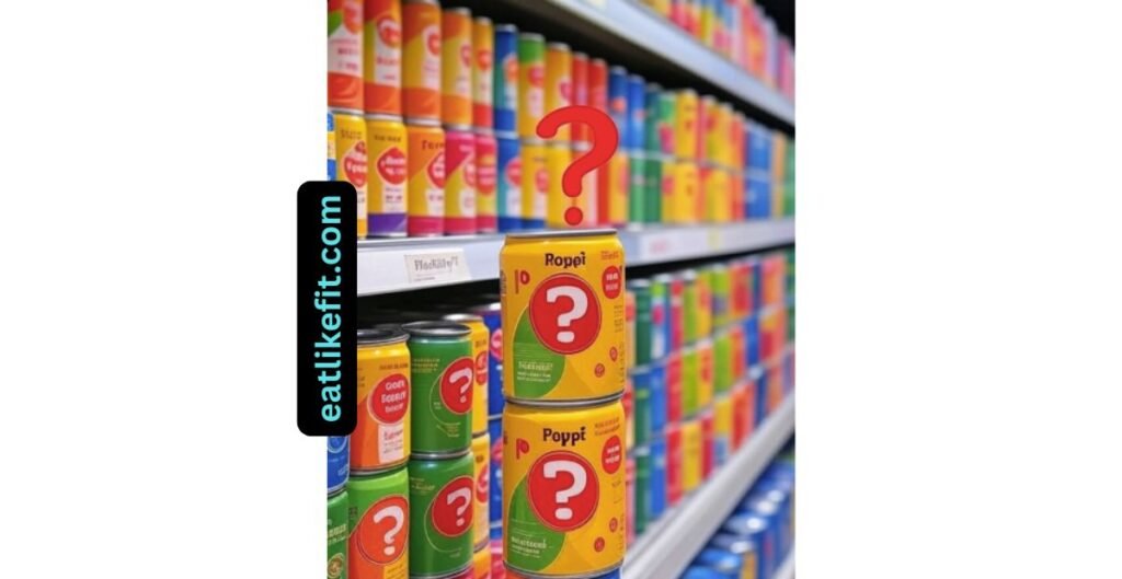 Poppi soda on store shelf with red question mark, highlighting consumer doubts