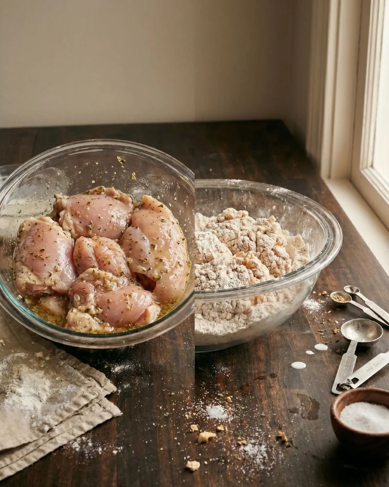 Raw marinated chicken compared to fully coated fried chicken before frying