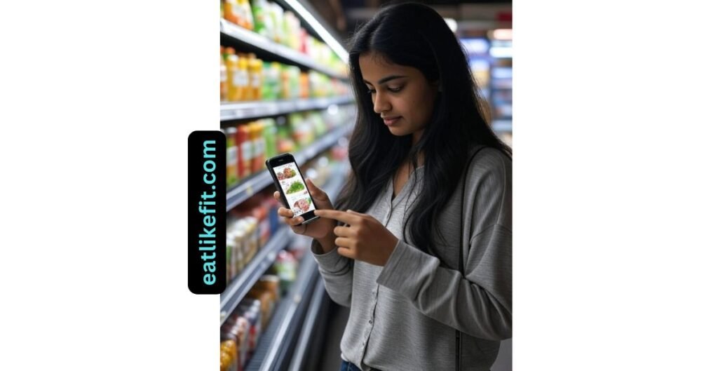 Urban consumer using a Maha Movement-supported app to scan food labels for safety.