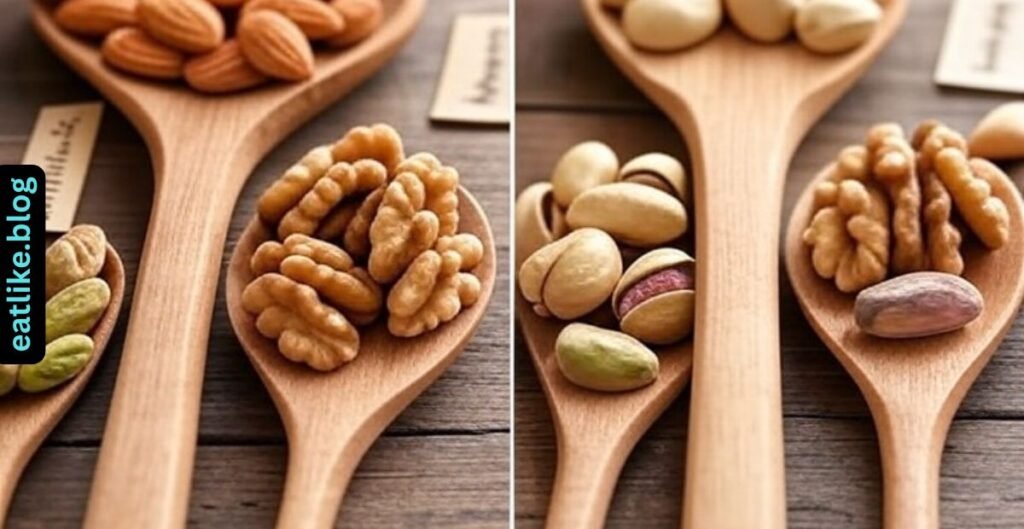 "Visual comparison of almonds, pistachios, walnuts, and cashews highlighting weight loss benefits."

