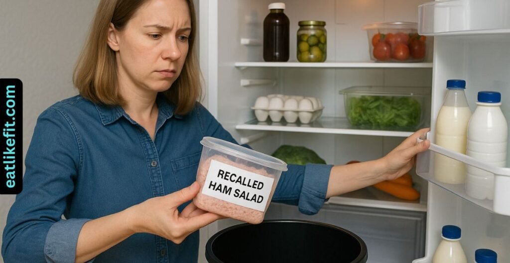 Woman discarding recalled ham salad from refrigerator during Listeria scare