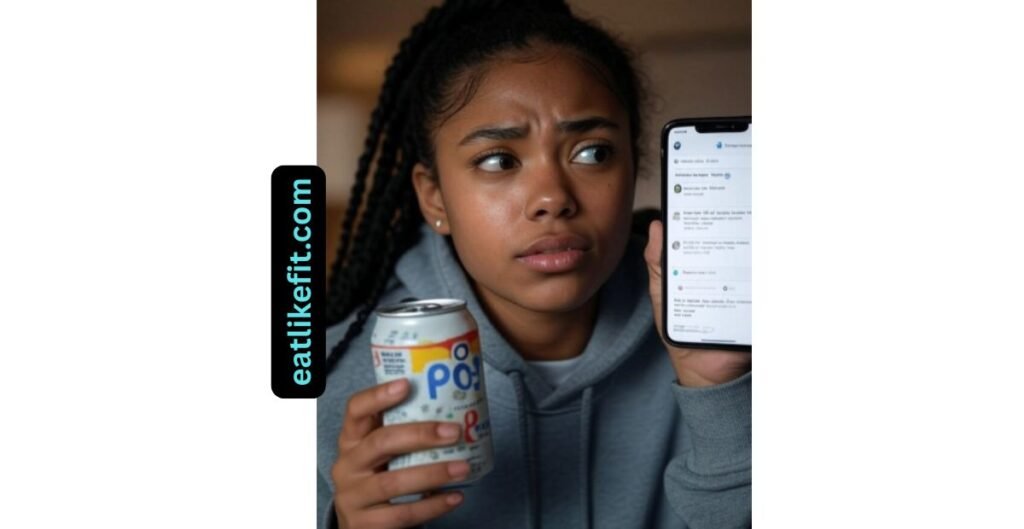 Young woman questioning Poppi soda label while checking social media reviews