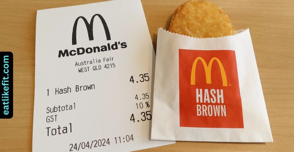 Australian McDonald’s receipt showing a $4.35 AUD hash brown next to the actual item