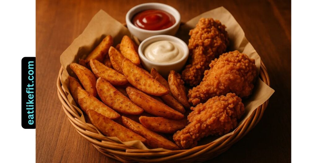 Basket of crispy KFC-style potato wedges served with fried chicken and dipping sauces.