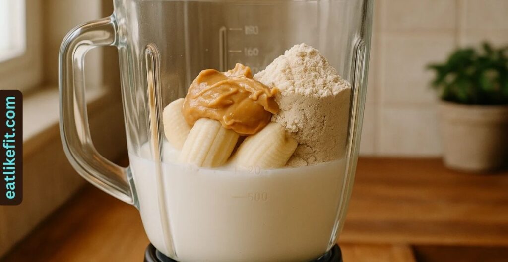 Blender filled with protein powder, banana, peanut butter, and milk before blending.