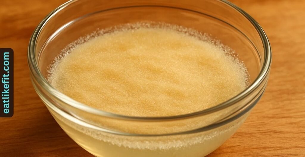 Blooming gelatin in a glass bowl with water