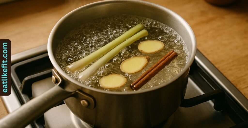 Boiling lemongrass, ginger, and cinnamon in water to make Costa Rican tea