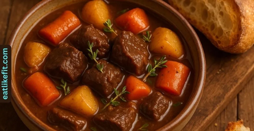 Bowl of venison stew with carrots and potatoes served with bread.