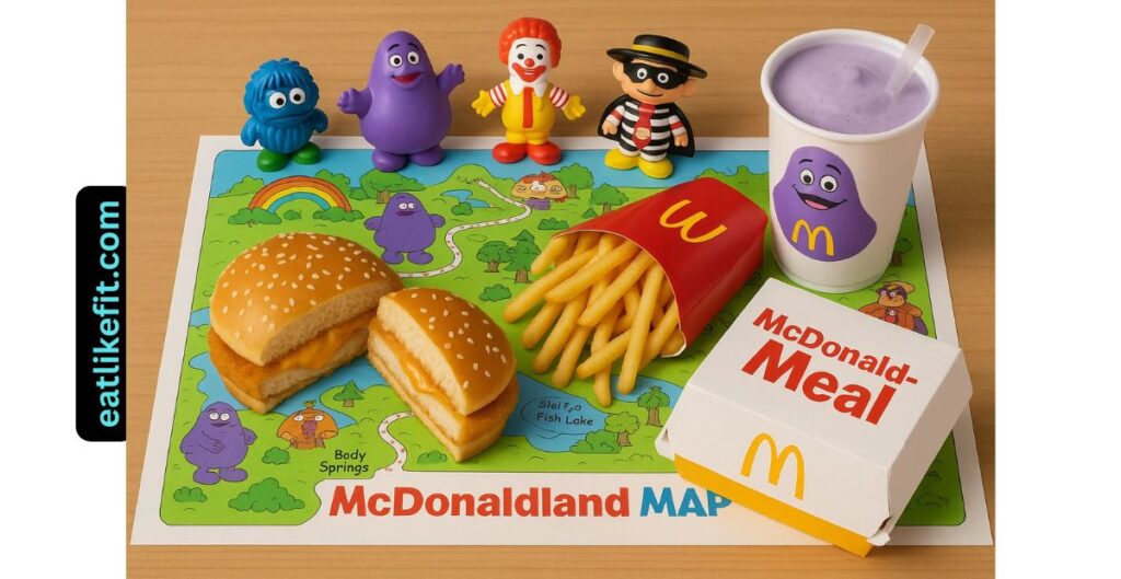 Close-up of McDonaldland Meal 2025 contents: McDouble with secret sauce, fries, Grimace Grape Shake, and all four character toys