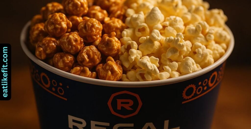 Close-up of Regal Cinemas Swapcorn bucket with caramel and buttery popcorn flavors