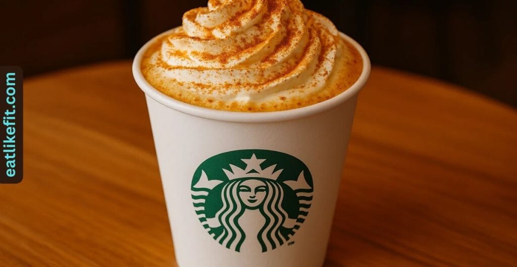Close-up of Starbucks Pumpkin Spice Latte topped with whipped cream in 2025