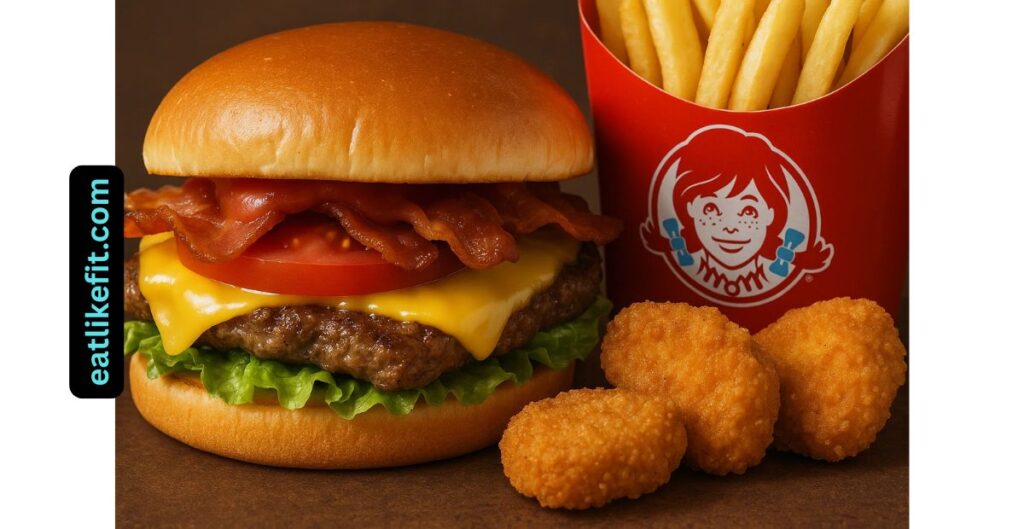 Close-up of Wendy’s Jr. Bacon Cheeseburger with nuggets and fries from the Wednesday combo meal
