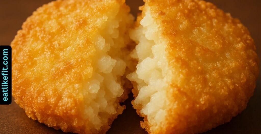 Close-up of a McDonald’s hash brown broken open, showing crispy outside and fluffy inside