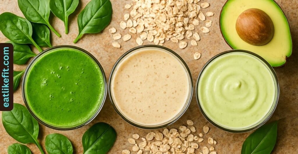 Coffee protein smoothie variations with spinach, oats, and avocado