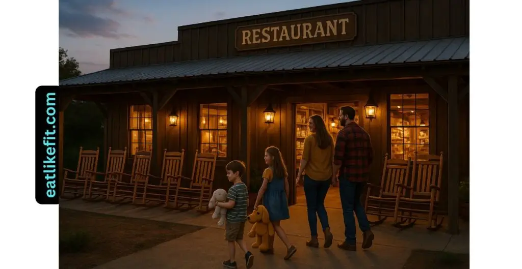Cracker Barrel restaurant entrance with family and rustic country-themed decor

