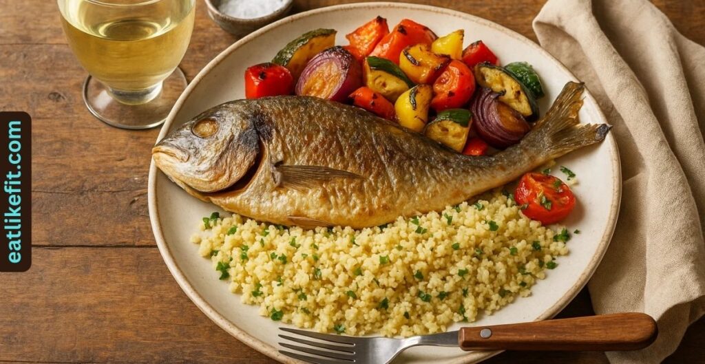 Crisped dorade served with roasted vegetables and couscous