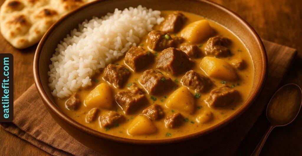 Crockpot venison curry with rice and naan bread.