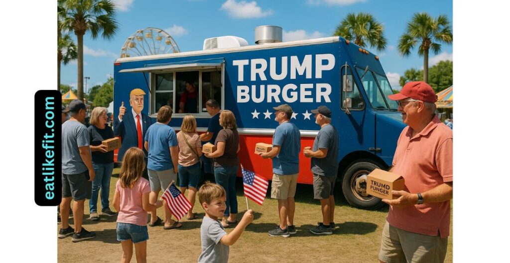 Crowd gathers at Trump Burger food truck in Florida during 2025 launch