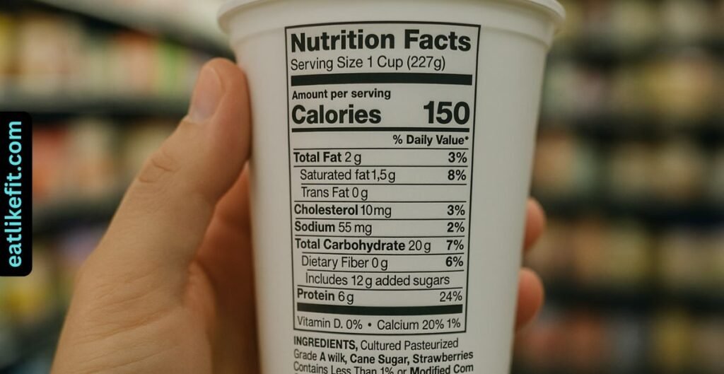 Customer reading yogurt label closely to inspect nutrition and ingredients.

