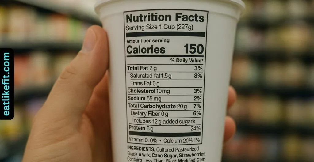 Customer reading yogurt label closely to inspect nutrition and ingredients.