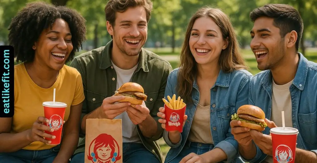 Customers enjoying Wendy’s $5 Wednesday Meal Deal together in a casual outdoor setting