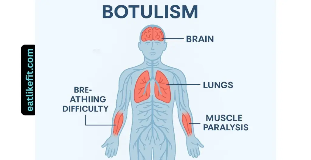 Diagram of human nervous system showing effects of botulism from contaminated food