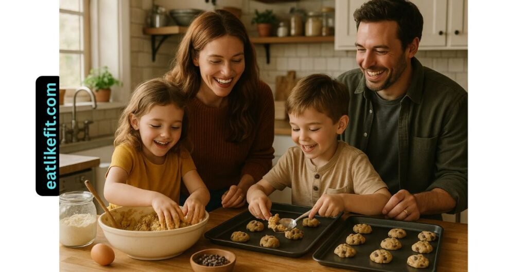 Family baking chocolate chip cookies together at home for National Chocolate Chip Cookie Day 2025