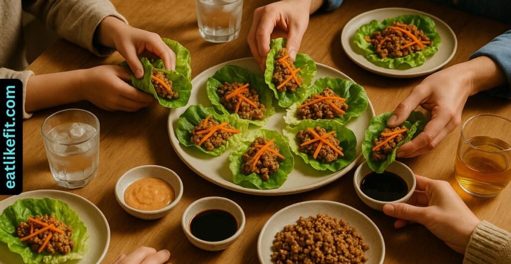 Family enjoying homemade lettuce wraps at the dinner table