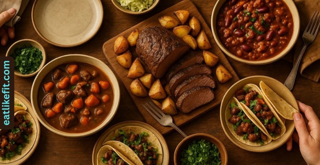 Family table with venison dishes including stew, roast, and chili.
