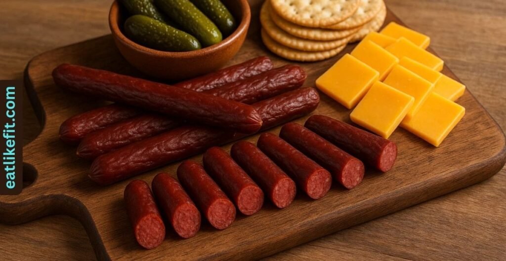 Finished venison snack sticks served with cheese, crackers, and pickles.
