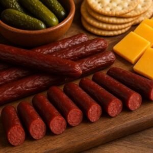 Finished venison snack sticks served with cheese, crackers, and pickles.
