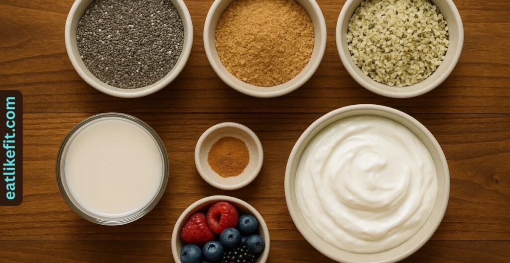 Flat lay of ingredients for bariatric seed recipe including chia, flax, hemp, yogurt, and berries.