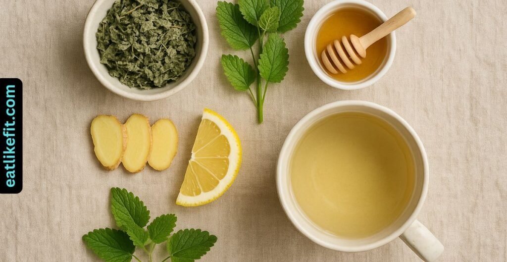 Flat lay of ingredients for lemon balm tea: dried leaves, ginger, lemon, and honey