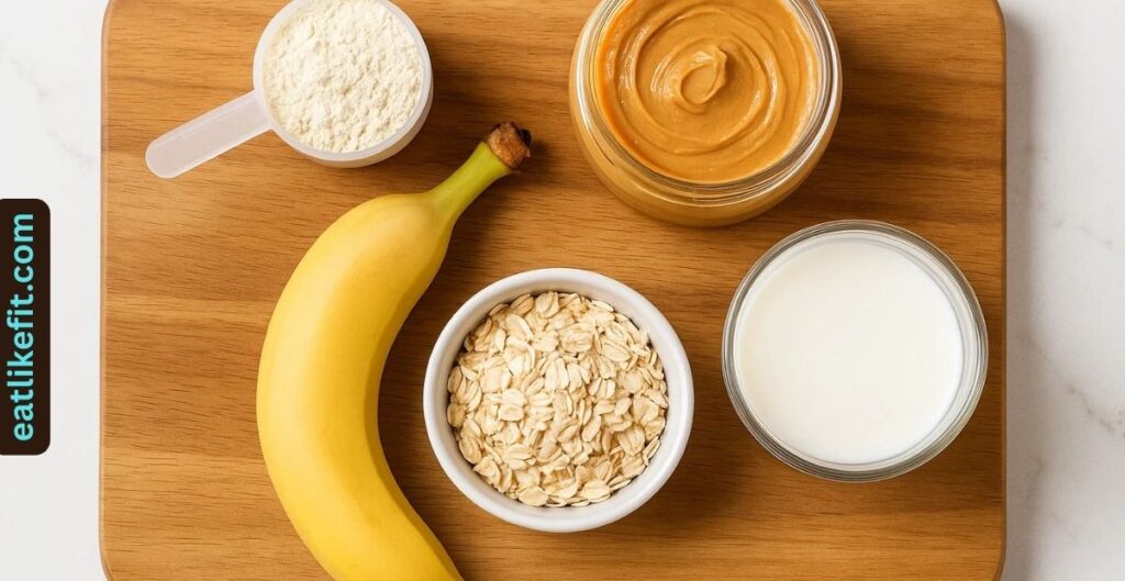 Flat lay of peanut butter protein shake ingredients including protein powder, peanut butter, banana, oats, and milk.