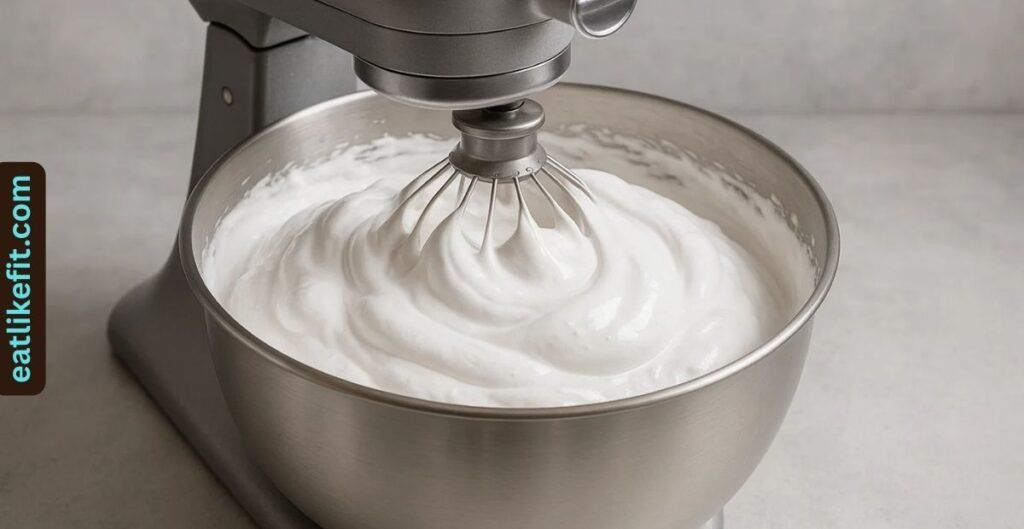Fluffy marshmallow mixture being whipped in a stand mixer.