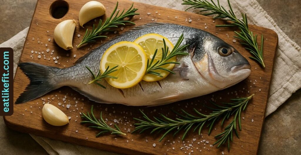 Fresh dorade prepared with lemon, garlic, and herbs before cooking