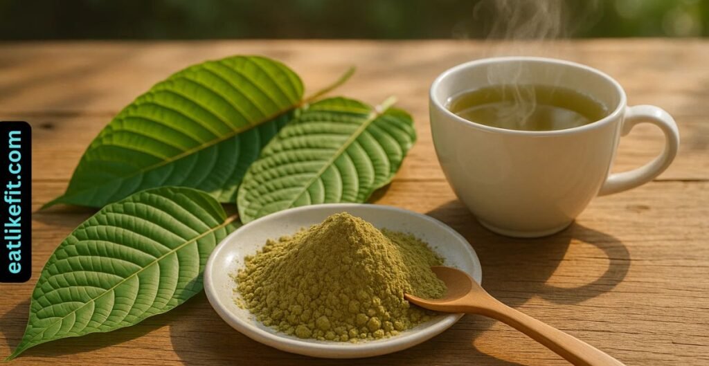Fresh kratom leaves, powdered kratom, and a brewed kratom tea cup