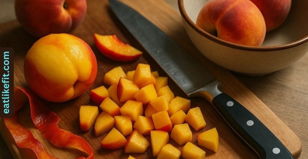 Fresh ripe peaches being chopped on a wooden cutting board for homemade peach ice cream