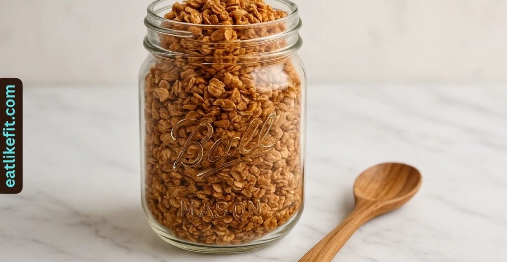 Freshly baked Eleven Madison Park granola stored in a glass jar.
