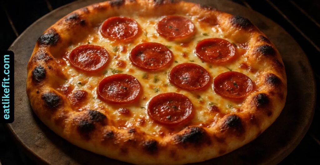 Freshly baked pizza on a hot stone with golden, crispy crust and bubbling cheese.

